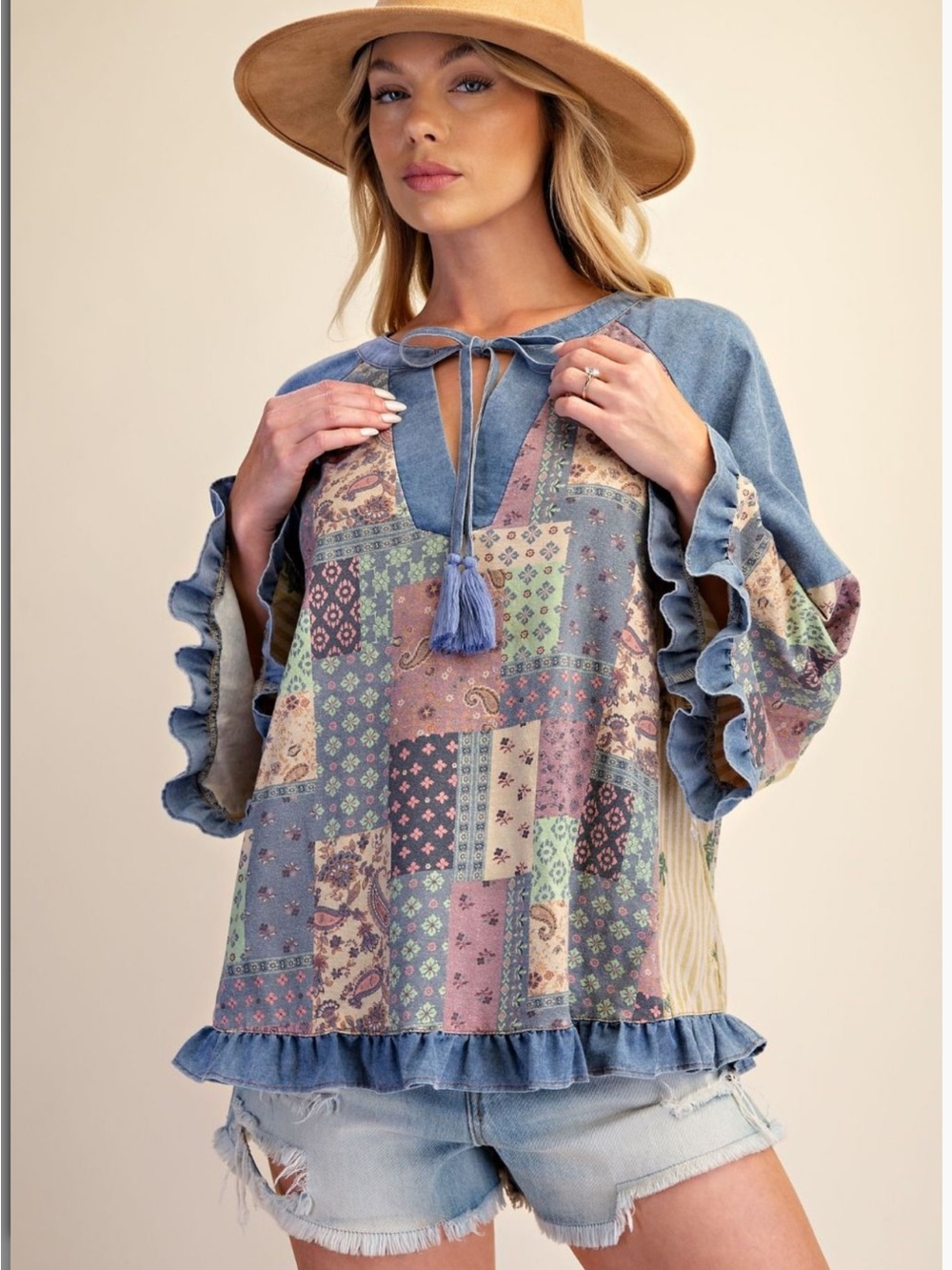 Easel Patchwork Ruffle-Sleeve Top
